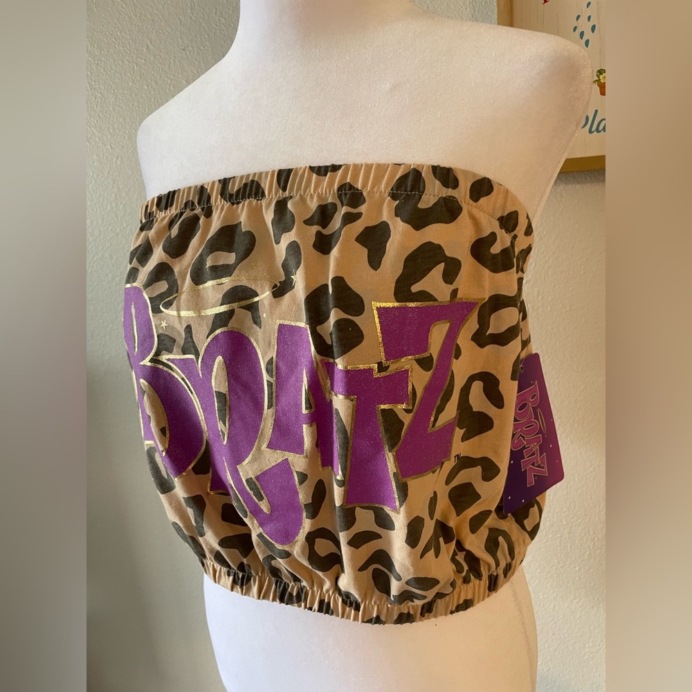 Brats Women’s Leopard Print Tube Top Big Purple Letters Stretch Material -SZ M